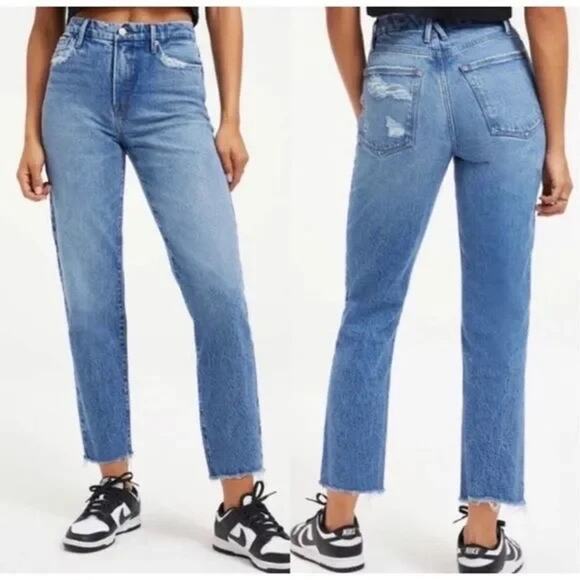 Good American Good Vintage Frayed Hem Distressed Straight Jeans NEW Sz 00 / 24 - Picture 3 of 10